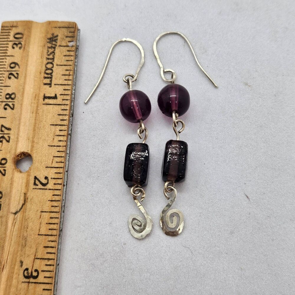 Sterling Silver and Purple Glass Handmade Dangle Earrings 925